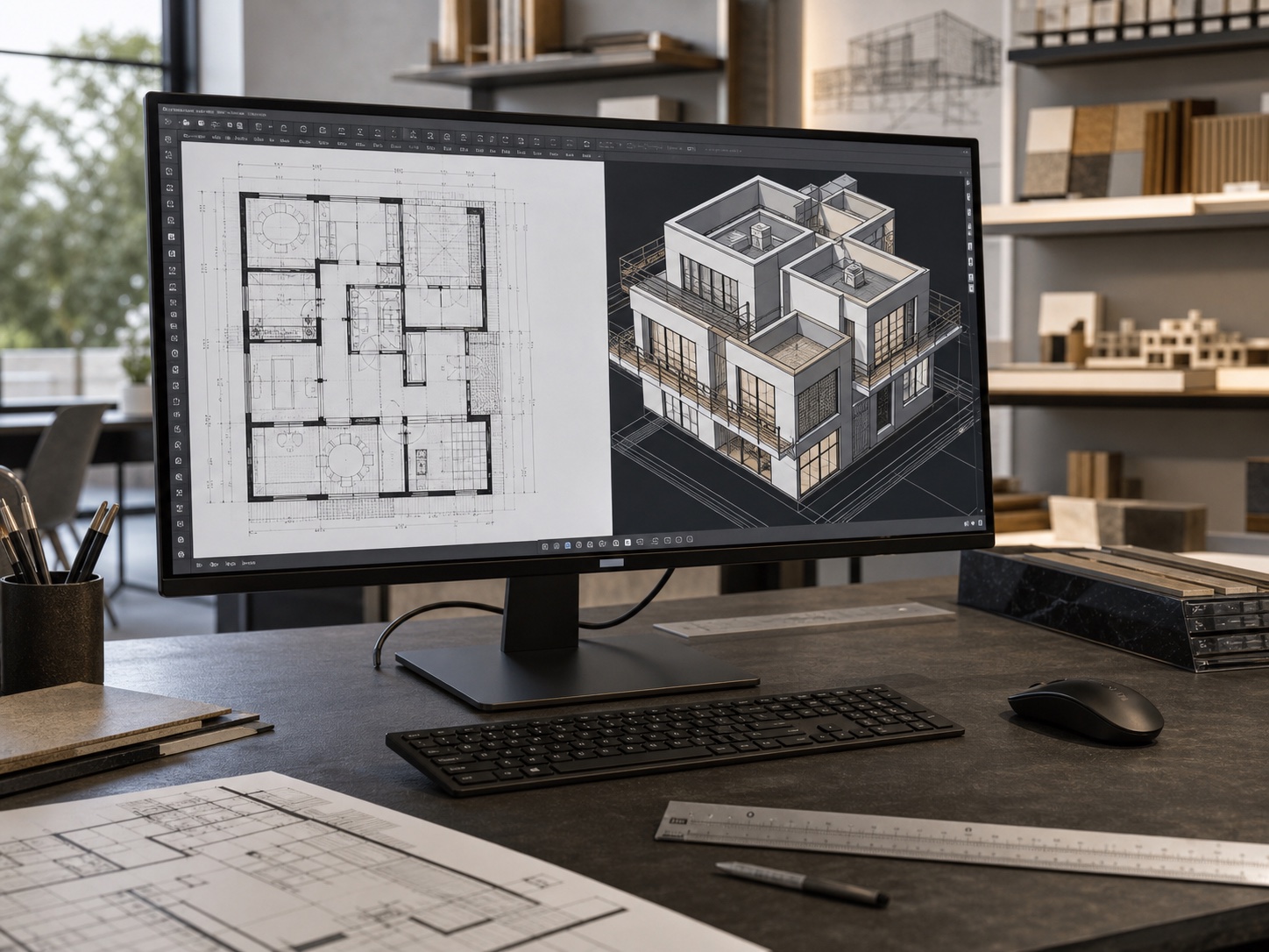 Professional architecture studio with detailed 2D plans and a 3D building model on a widescreen CAD workstation