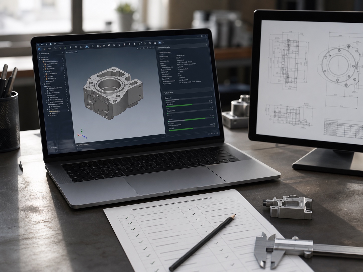Engineering workstation with a mechanical CAD model, technical drawing, measuring tools, and compatibility checklist