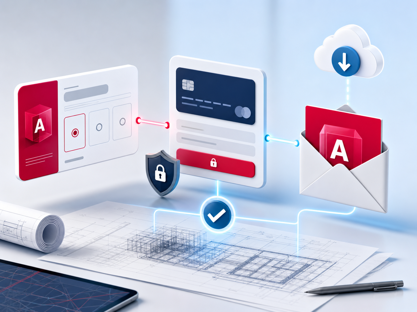 Software subscription checkout and digital delivery illustration