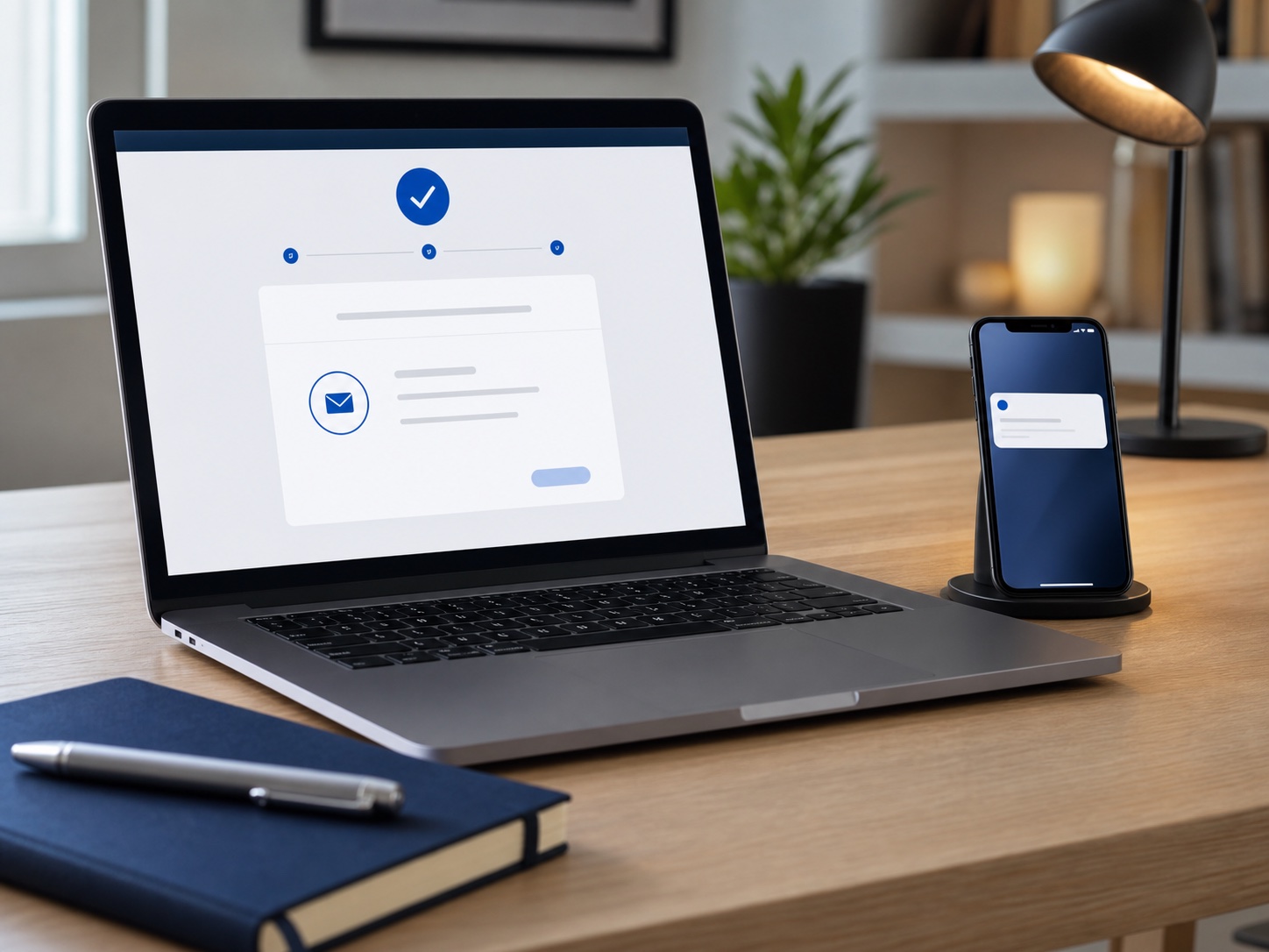 Premium laptop showing a secure order confirmation beside a phone with an email delivery notification